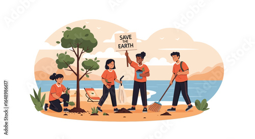 Volunteers planting trees and cleaning up a beach to help save the earth and combat climate change