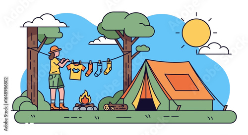 Girl Enjoying Camping Drying Clothes with a Campfire and Tent Outdoors