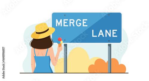 Girl Enjoying Ice Cream near Merge Lane Sign on a Summer Day