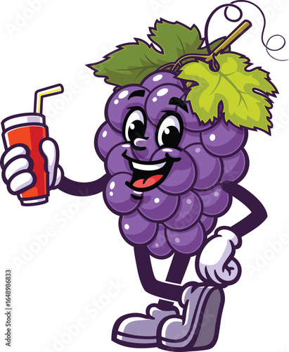 Cartoon mascot of grapes holding a soft drink