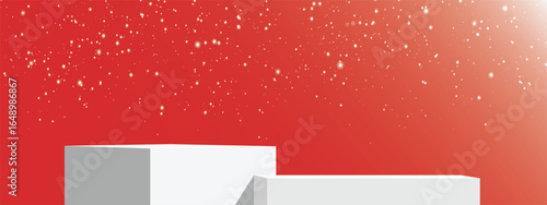 White podium snow red background winter festive Christmas celebration minimal