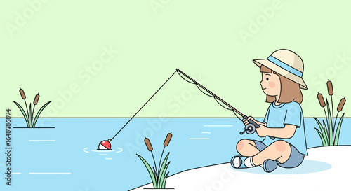 Girl Enjoying Peaceful Day Fishing By Lake With Straw Hat Vacation Lifestyle