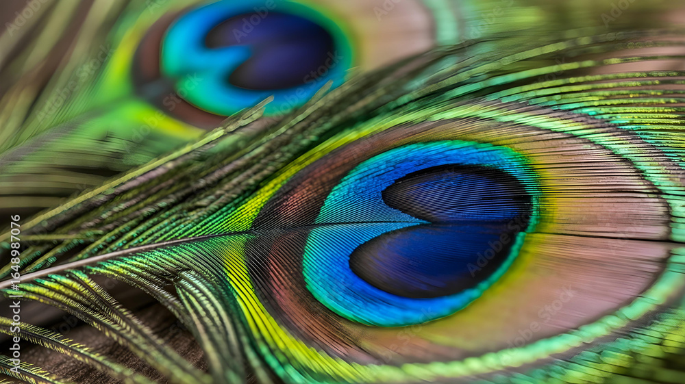 Fototapeta premium A macro background of vibrant, colorful peacock feather details. An explosion of iridescent blue, green, and gold