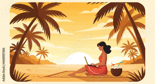 Freelancer enjoying remote work from a paradise beach office with her laptop during a beautiful golden hour sunset.