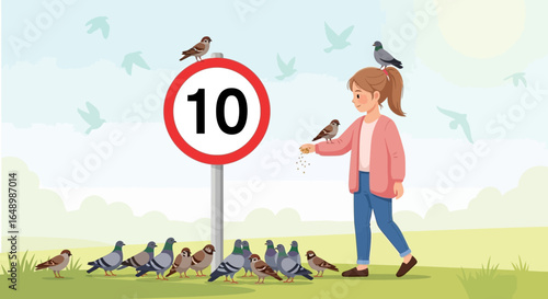 Girl Feeding Birds Near Ten Speed Limit Sign In Outdoors Scenic View