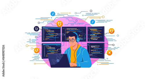 Coding Enthusiast Immersed in Digital World A Programmer's Creative Digital illustration with Code and Technology