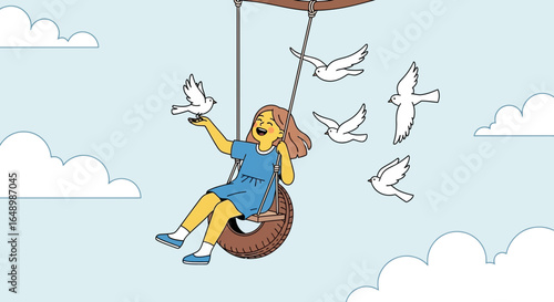 Girl Having Fun On Tire Swing With Flying Birds On Sky Background