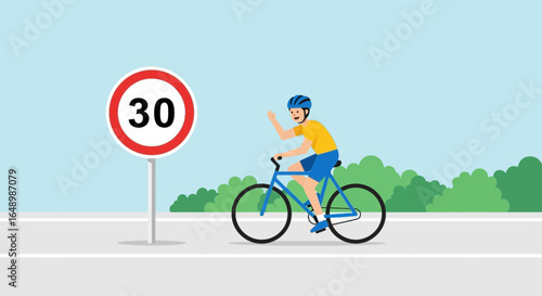 Happy Cyclist Riding On The Road Beside 30 Speed Limit Sign