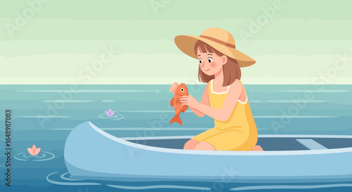 Girl In A Canoe Holds A Fish On A Quiet Lake Illustration
