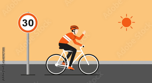 Happy Cyclist Greets On The Road On Sunny Day While Following Speed Limit