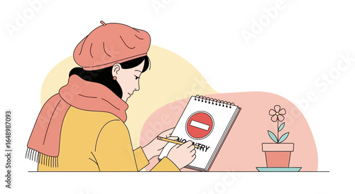 Girl In Beret Drawing A No Entry Sign In Her Sketchbook Outdoors