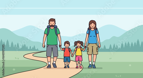 Happy family enjoying outdoor adventure hiking in nature together happily and cheerfully