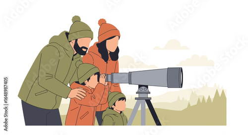 Happy Family Exploring Nature With A Telescope On A Mountain Adventure