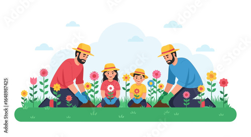 Happy Family Gardening Together Planting Flowers In Springtime Outdoors Activity