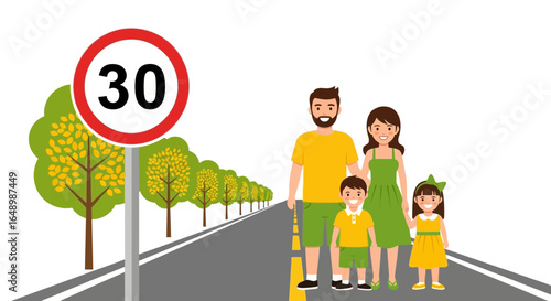 Happy Family Near Speed Limit Road Sign Enjoying A Safe Walk Together