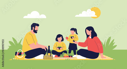 Happy Family Enjoying Sunny Day Picnic in a Park with Healthy Food