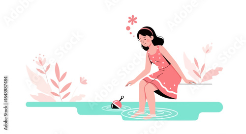 Girl Resting By Water Enjoying A Quiet Moment On A Warm Sunny Day Illustration