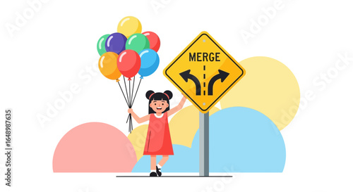 Girl With Balloons By A Merge Sign Promotes Decision-Making And Choices