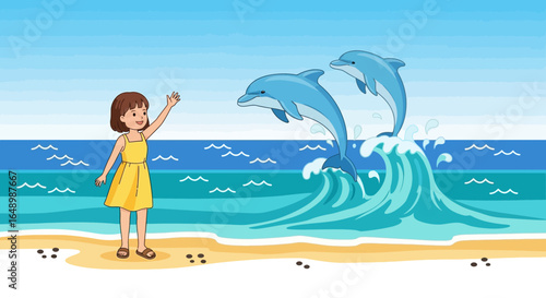 Girl Watching Dolphins Jumping From Ocean Waves at Summer Beach Scene