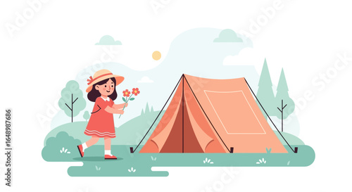 Girl With Flowers Enjoying Vacation In The Mountains With Tent In Background