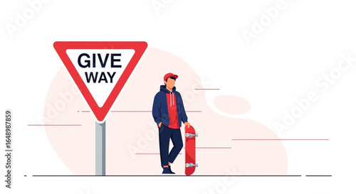 Give Way Intersection Scene With Skateboarder Awaiting Traffic To Pass Safely