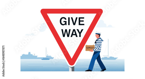 Give Way Illustration With a Sailor Carrying Supplies on a Seaside Port