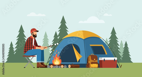 Happy Man Camping Roasting Marshmallows By A Campfire And Tent In The Woods