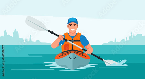 Happy Man Kayaking on a Calm Blue Sea Waterscape Enjoying Nature
