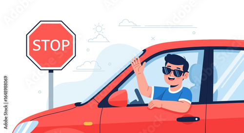 Happy Man Waves From Car Near Stop Sign On A Bright Sunny Day