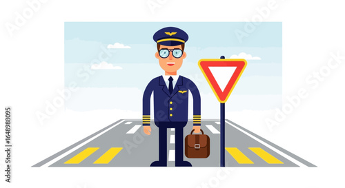 Happy Pilot On The Runway Wearing Uniform And Glasses Holding Briefcase