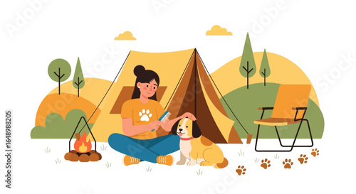 Happy Woman Brushing Her Dog While Camping In The Nature Landscape Illustration