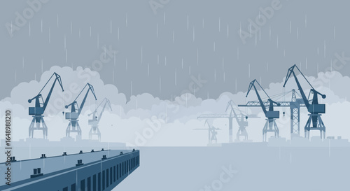 Gloomy Day At The Industrial Port With Cranes In The Heavy Rain
