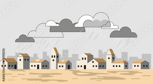 Gloomy Day At Town With Houses And Skyline In The Background