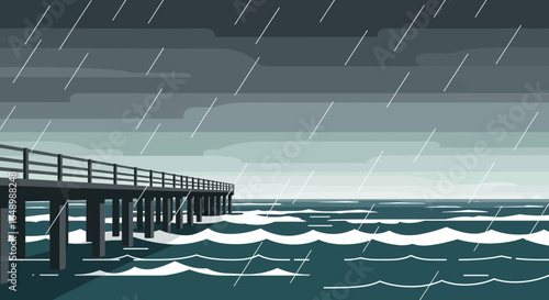 Gloomy Day Pier At The Sea With Rain And Dramatic Overcast