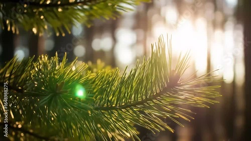 Closeup of pine tree branch with sunlight filtering through forest background in natural daylight
