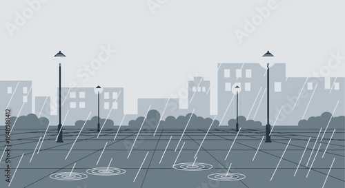 Gloomy Rainy Cityscape With Buildings, Street Lamps, and Puddles Illustration