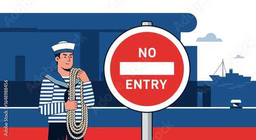 Harbor Safety Measures Sailor With Rope And No Entry Sign Illustration