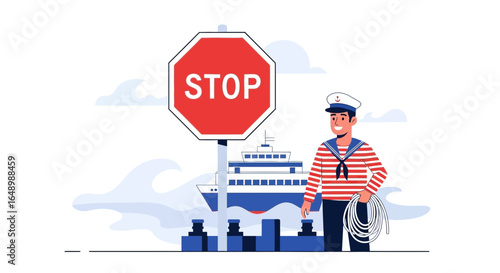 Harbor Guidance With Sailor And Stop Sign Near Ship Arrival Illustration