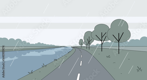 Gloomy Road Trip Along the Riverside on a Rainy Day Illustration