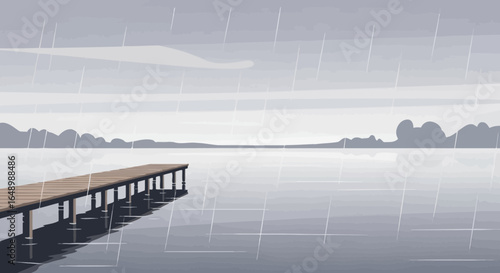 Gloomy Serenity Lakeside Dock Perspective In The Heavy Downpour Of A Rainy Day