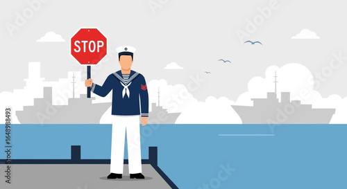 Harbor Traffic Controller Giving The Stop Signal With A Stop Sign