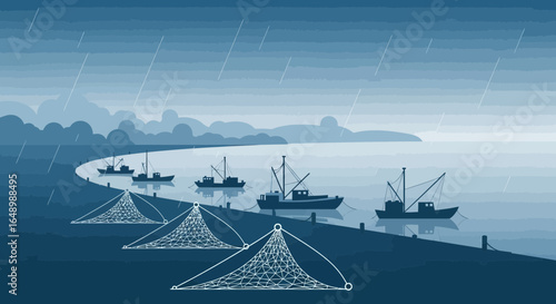 Gloomy Seascape Of Fishing Boats With Nets On A Rainy Day Illustration