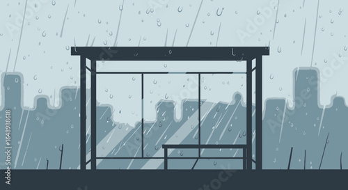 Gloomy Weather And Rainy Day Scenery At Bus Stop In Cityscape Backdrop