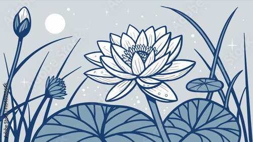 Beautiful lotus flower illustration with lily pads and moonlit sky serene nature art drawing design