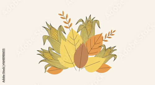 Harvest Corn And Autumn Leaves Still Life Illustration For Seasonal Designs
