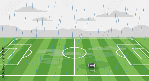 Gloomy Weather Football Field Illustration With Rain And American Football