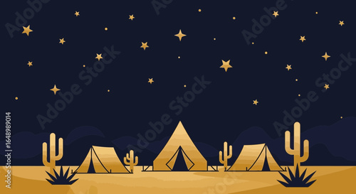 Golden Desert Night Camping Illustration Under Sparkling Stars Canopy