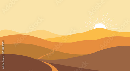 Golden Hour Serenity Abstract Landscape With Rising Sun Over Undulating Desert Hills