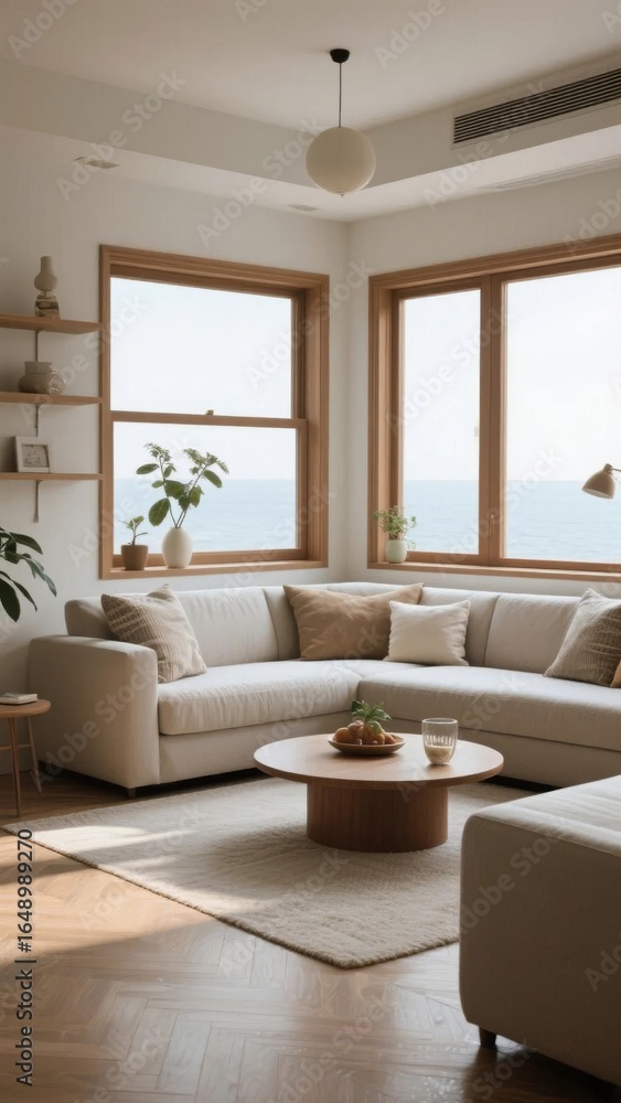 Fototapeta premium Modern living room with large windows overlooking the sea, featuring a cozy sectional sofa and minimalist decor.