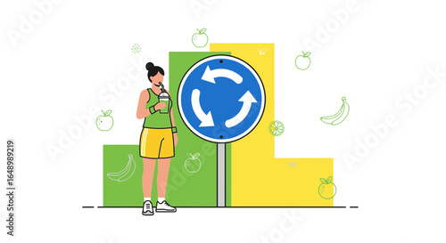 Healthy Smoothie Break With Active Woman Beside Roundabout Sign In City